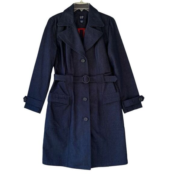 GAP Vintage Y2K Denim Blue Dark Wash Trench Coat Jacket Belted Pockets Size M - Picture 9 of 9